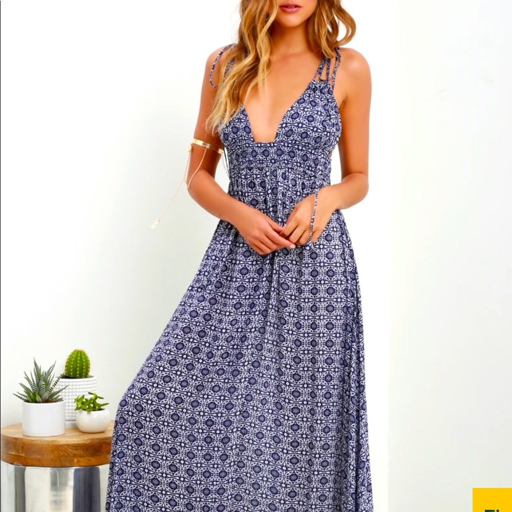 Lulus Field Day Navy Blue Print Tie Strap Maxi Dress